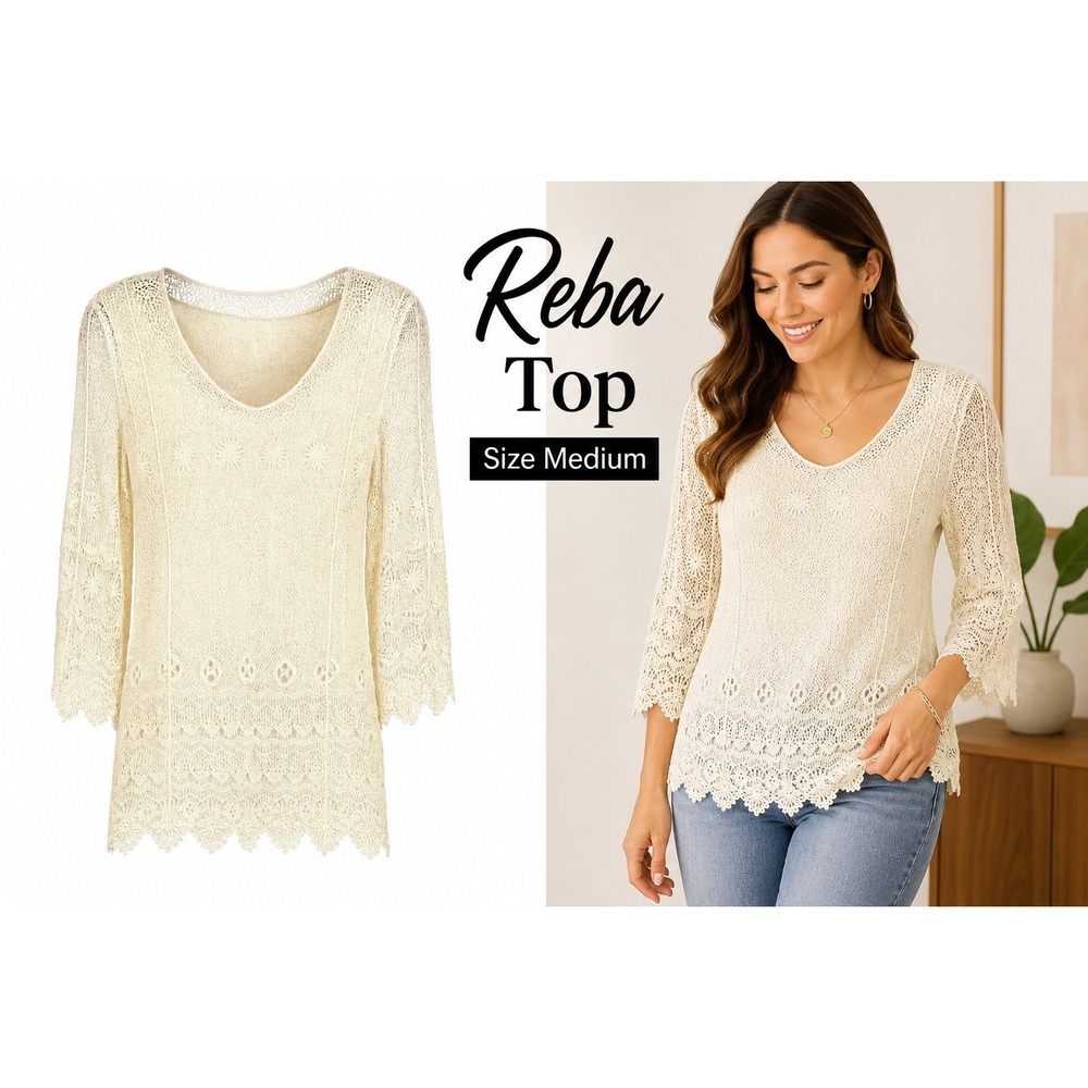 Reba Crochet Lace Tunic Top Ivory Western Boho Sheer Lined 100% Cotton Sz M